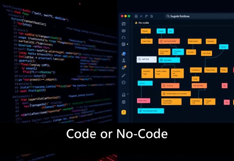 Split-screen image comparing traditional code and a no-code interface. The left side shows colorful lines of code written in a programming language, while the right side displays a drag-and-drop flowchart interface labeled “No-code.” Text overlay at the bottom reads: “Code or No-Code.”