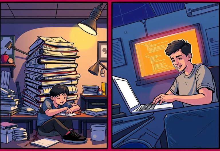 Split-panel comic: left side - a bored student buried in a giant theory textbook; right side - an excited learner typing code with a live mobile preview on screen. Bold colors, slight exaggeration, humorous tone
