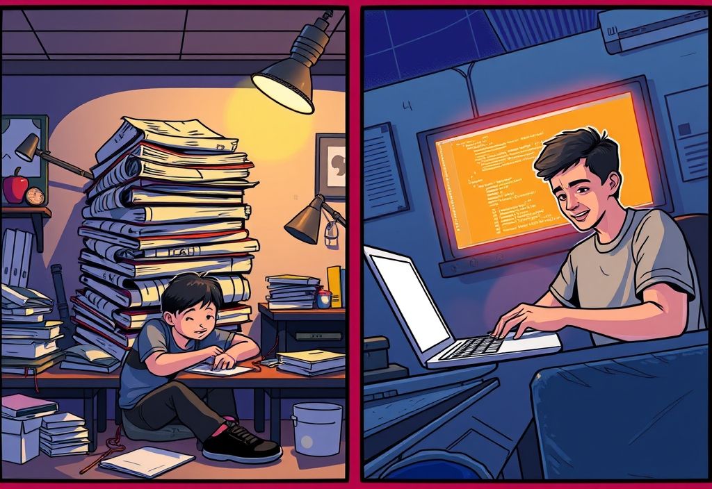 Split-panel comic: left side - a bored student buried in a giant theory textbook; right side - an excited learner typing code with a live mobile preview on screen. Bold colors, slight exaggeration, humorous tone