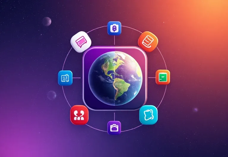 Single app icon splitting into multiple colorful icons (beauty, SaaS, e-commerce) orbiting a central planet, cosmic gradient