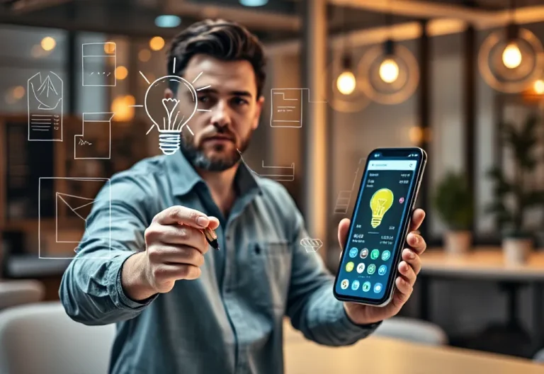 Founder sketching on glass board, a lightbulb icon turning into a working mobile app on a screen, modern workspace, warm lighting, futuristic UI elements
